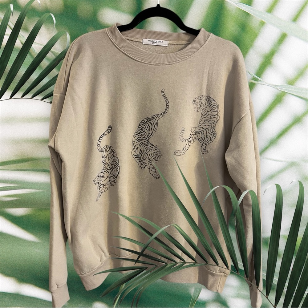 Project Social T Tan Sweater with Tiger Motif